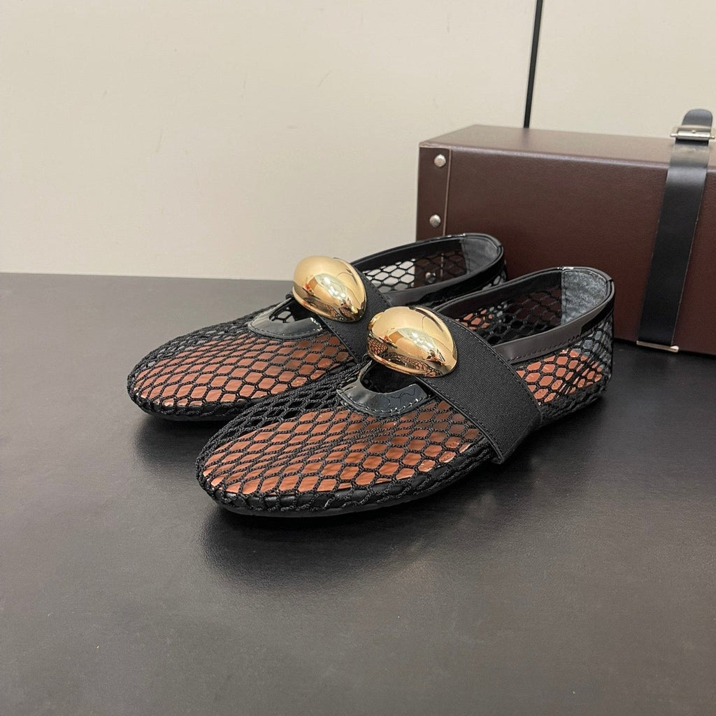 ALAIA BALLET FLATS IN BLACK MESH FISHNET WITH GOLD HARDWARE