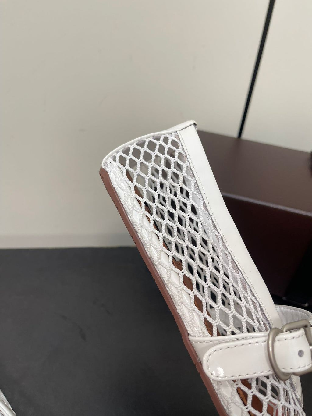 ALAIA BALLET FLATS IN WHITE MESH FISHNET