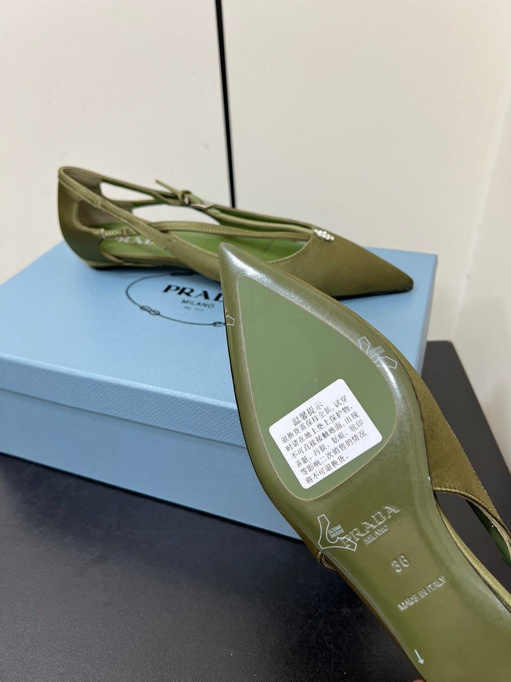 CUT-OUT BALLERINA FLAT IN OLIVE GREEN SATIN ATTACHED BEAD BUCKLE