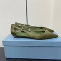 CUT-OUT BALLERINA FLAT IN OLIVE GREEN SATIN ATTACHED BEAD BUCKLE