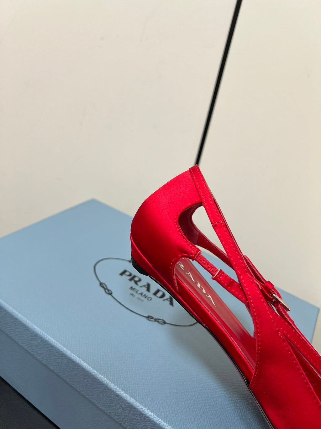 CUT-OUT BALLERINA FLAT IN CLASSIC RED SATIN ATTACHED BEAD BUCKLE