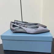 CUT-OUT BALLERINA FLAT IN WARM GRAY SATIN ATTACHED BEAD BUCKLE