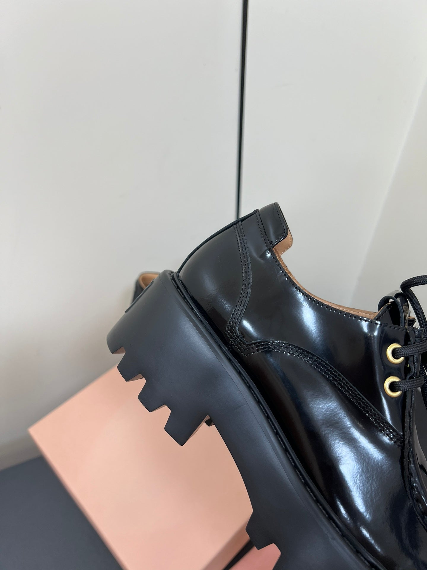 LACE-UP LOAFERS WITH THICK SOLE IN BLACK SHINY SHEEPSKIN