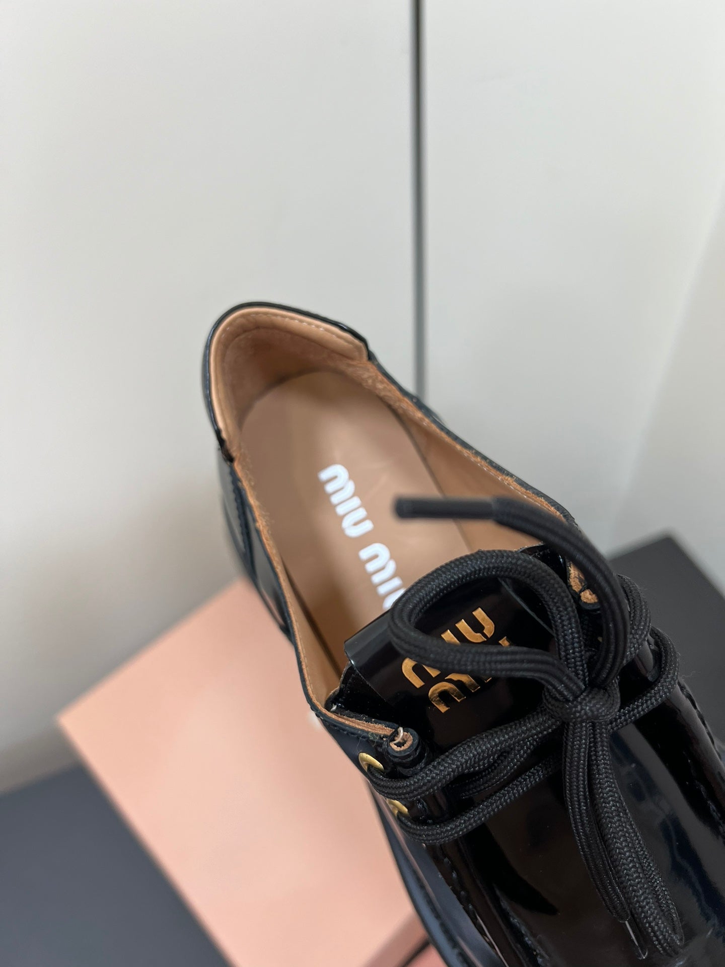 LACE-UP LOAFERS WITH THICK SOLE IN BLACK SHINY SHEEPSKIN