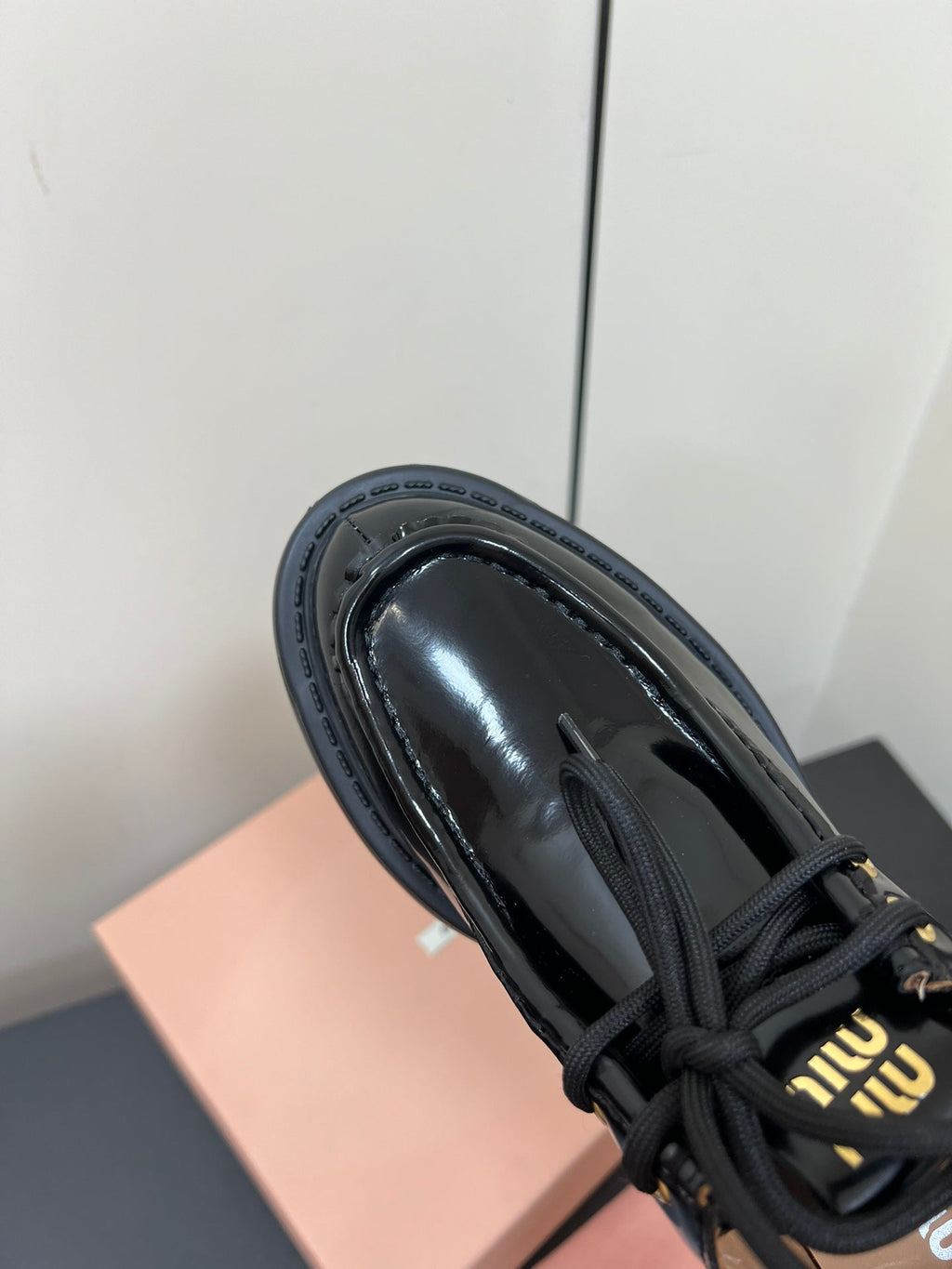 LACE-UP LOAFERS WITH THICK SOLE IN BLACK SHINY SHEEPSKIN