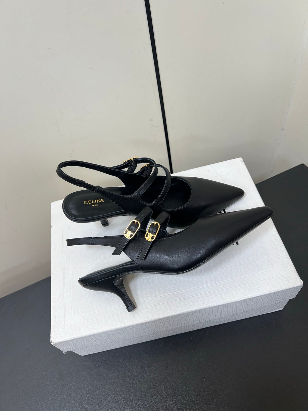 JUDY DOUBLE STRAP MARY JANE SLINGBACK IN BLACK SMOOTH CALFSKIN