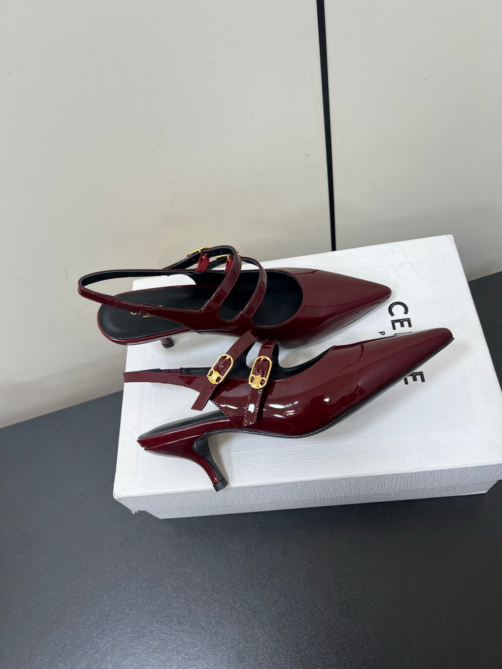 JUDY DOUBLE STRAP MARY JANE SLINGBACK IN BURGUNDY RED PATENT CALFSKIN