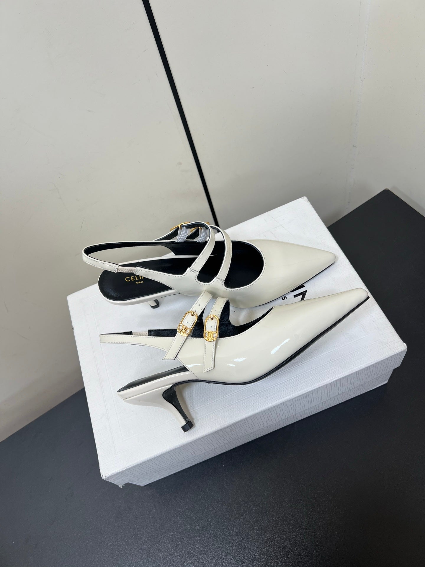 JUDY DOUBLE STRAP MARY JANE SLINGBACK IN WHITE PATENT CALFSKIN