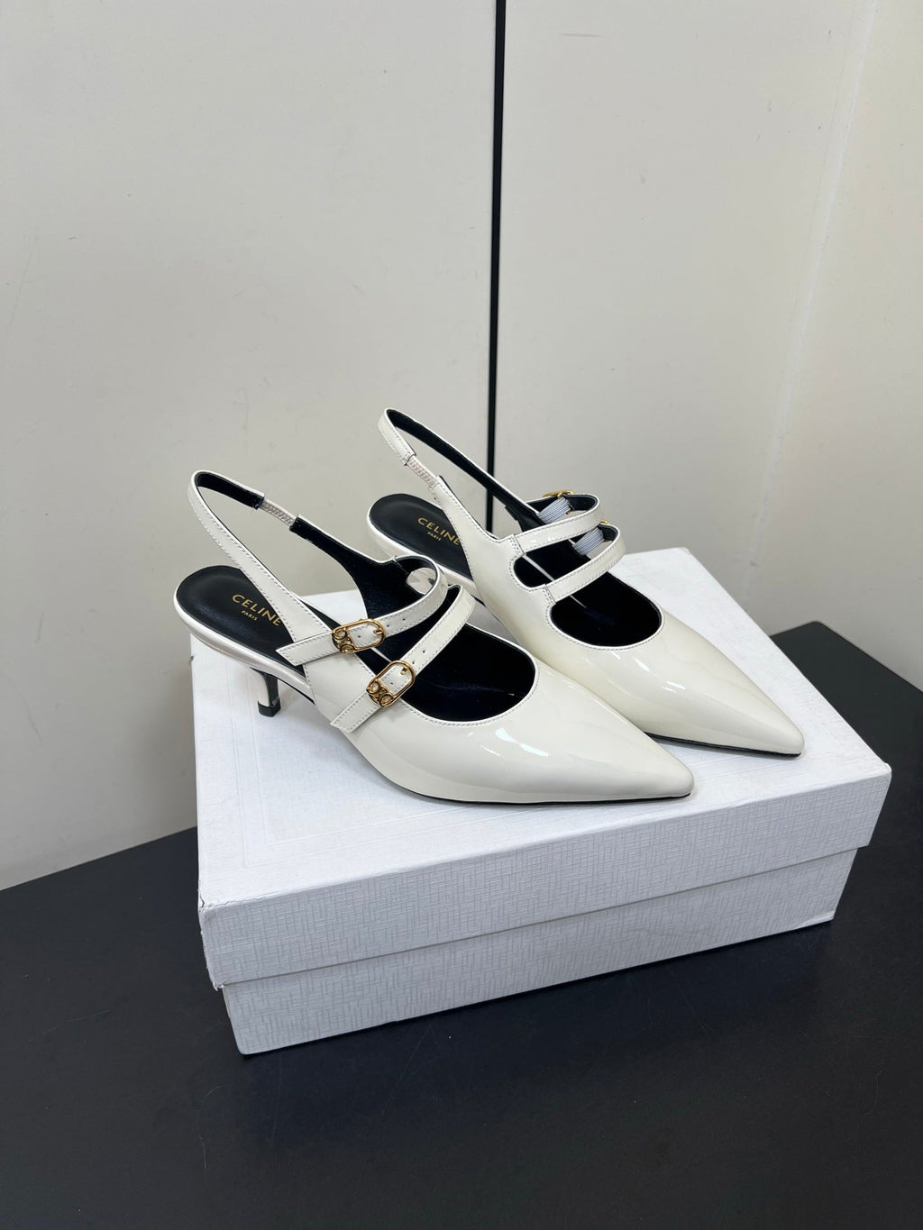 JUDY DOUBLE STRAP MARY JANE SLINGBACK IN WHITE PATENT CALFSKIN