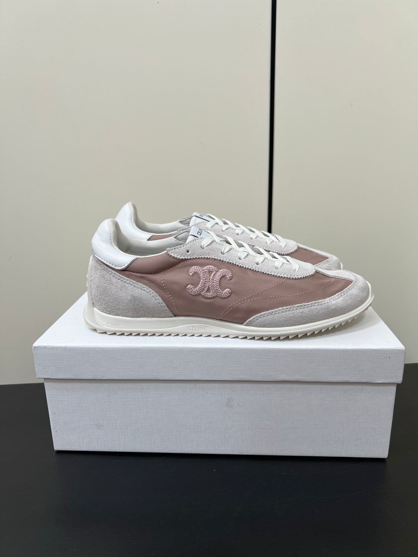 CELINE 25S RACER FORREST GUMP SNEAKERS IN PINK AND GRAY MERCERIZED CALFSKIN