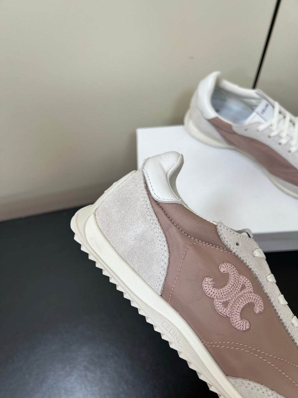 CELINE 25S RACER FORREST GUMP SNEAKERS IN PINK AND GRAY MERCERIZED CALFSKIN