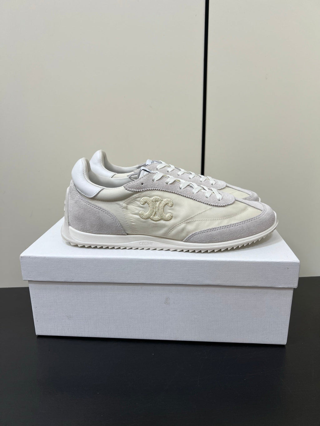 CELINE 25S RACER FORREST GUMP SNEAKERS IN IVORY AND GRAY MERCERIZED CALFSKIN