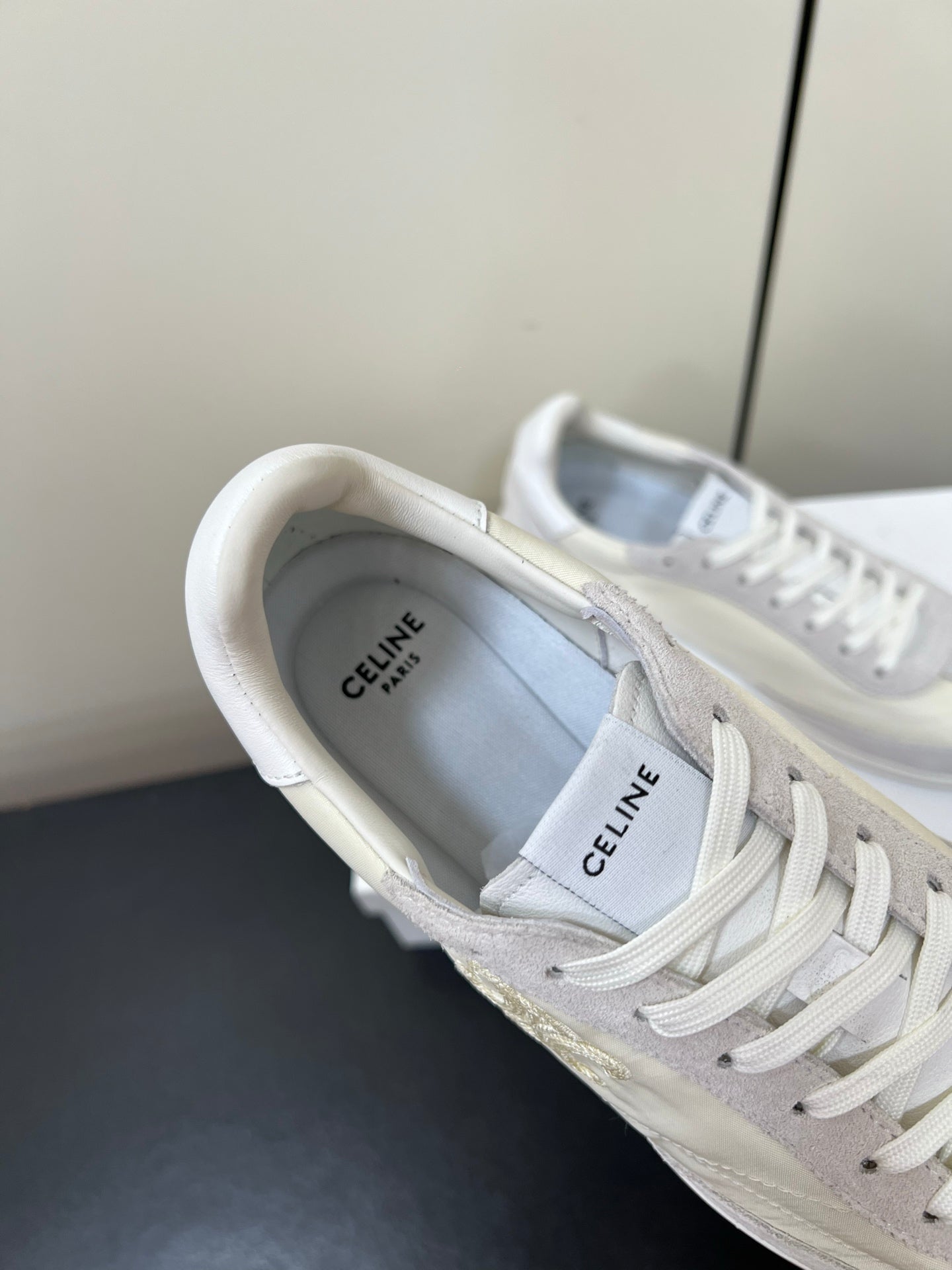 CELINE 25S RACER FORREST GUMP SNEAKERS IN IVORY AND GRAY MERCERIZED CALFSKIN