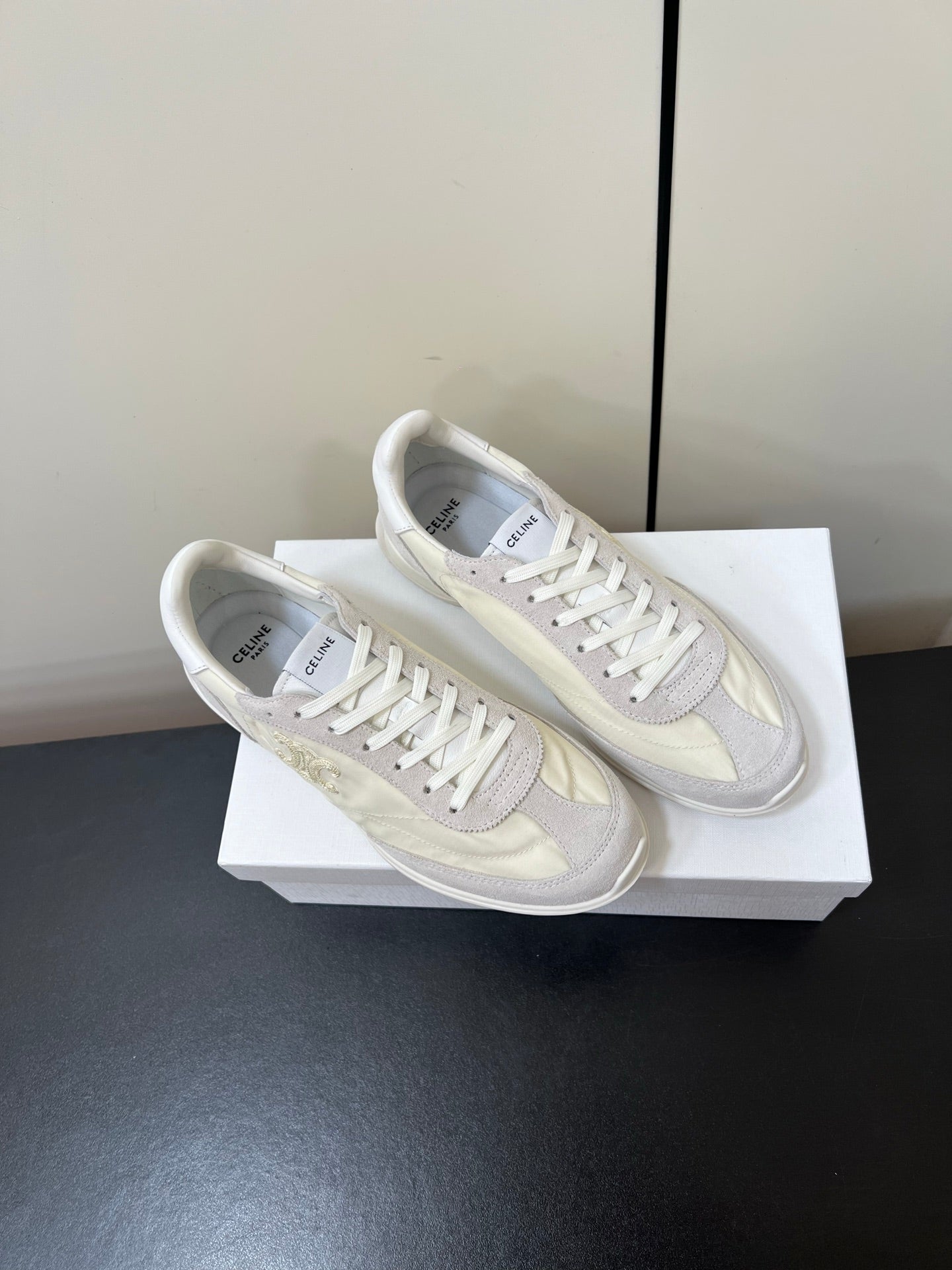 CELINE 25S RACER FORREST GUMP SNEAKERS IN IVORY AND GRAY MERCERIZED CALFSKIN