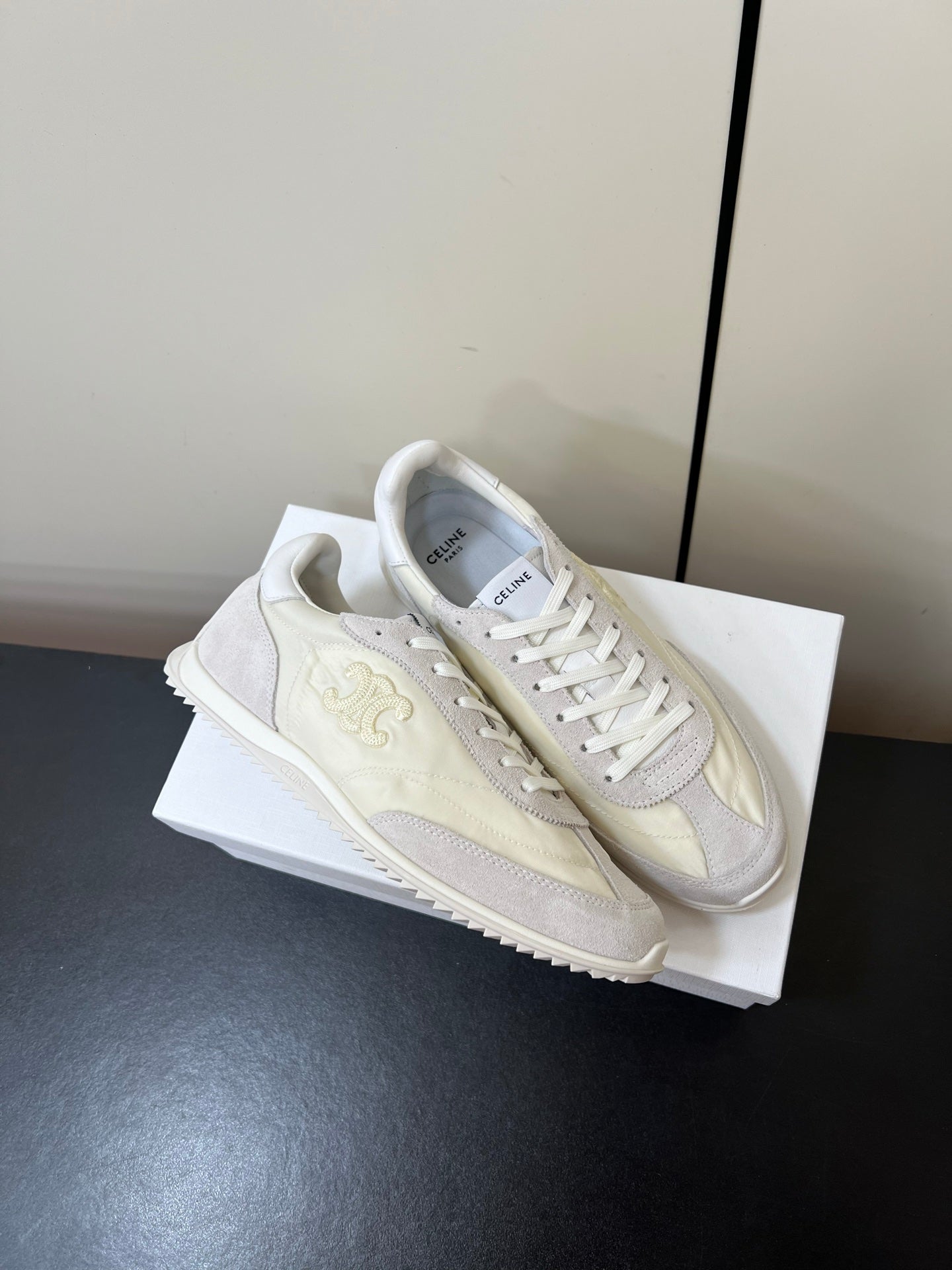 CELINE 25S RACER FORREST GUMP SNEAKERS IN IVORY AND GRAY MERCERIZED CALFSKIN