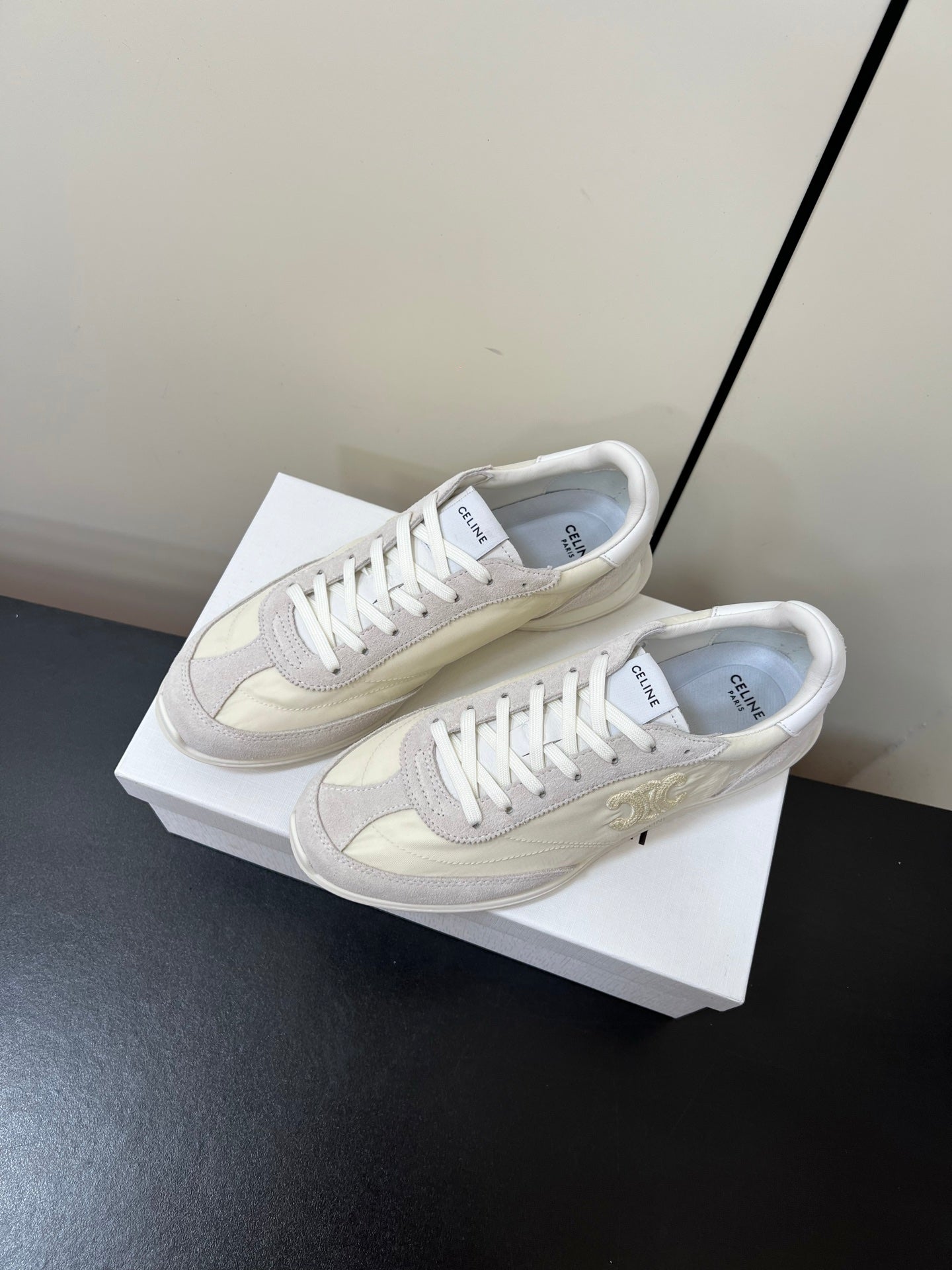 CELINE 25S RACER FORREST GUMP SNEAKERS IN IVORY AND GRAY MERCERIZED CALFSKIN