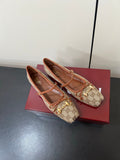 GG MARY JANE 25S IN MINK BROWN CANVAS MIX LAMBSKIN WITH GOLD HARDWARE