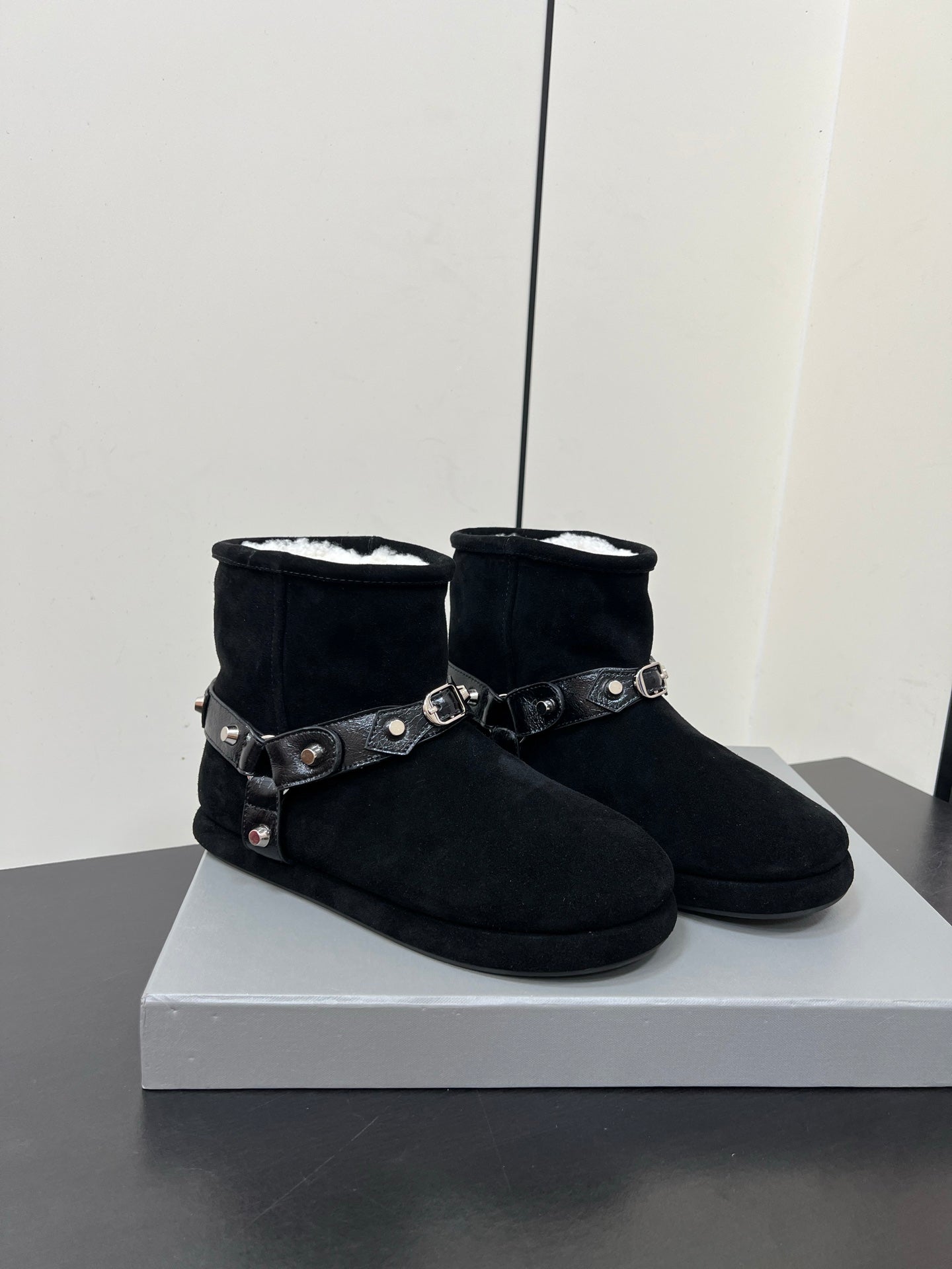 BALENCIAGA 25S ALASKA ANKLE BOOTS IN BLACK SUEDE AND LAMBSKIN WITH SILVER HARDWARE