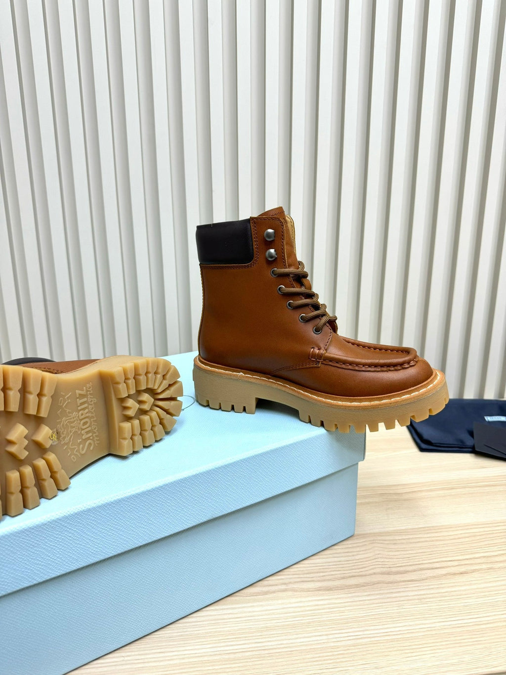 PRADA 25S LACE-UP ANKLE BOOTS IN BROWN CALFSKIN