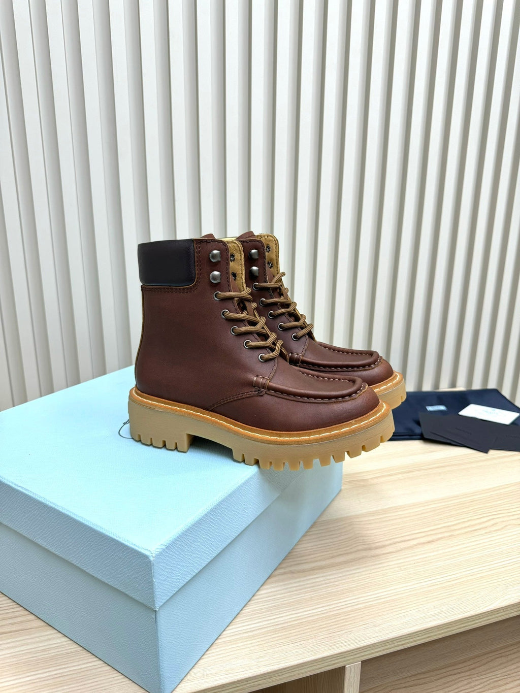 PRADA 25S LACE-UP ANKLE BOOTS IN DARK BROWN CALFSKIN