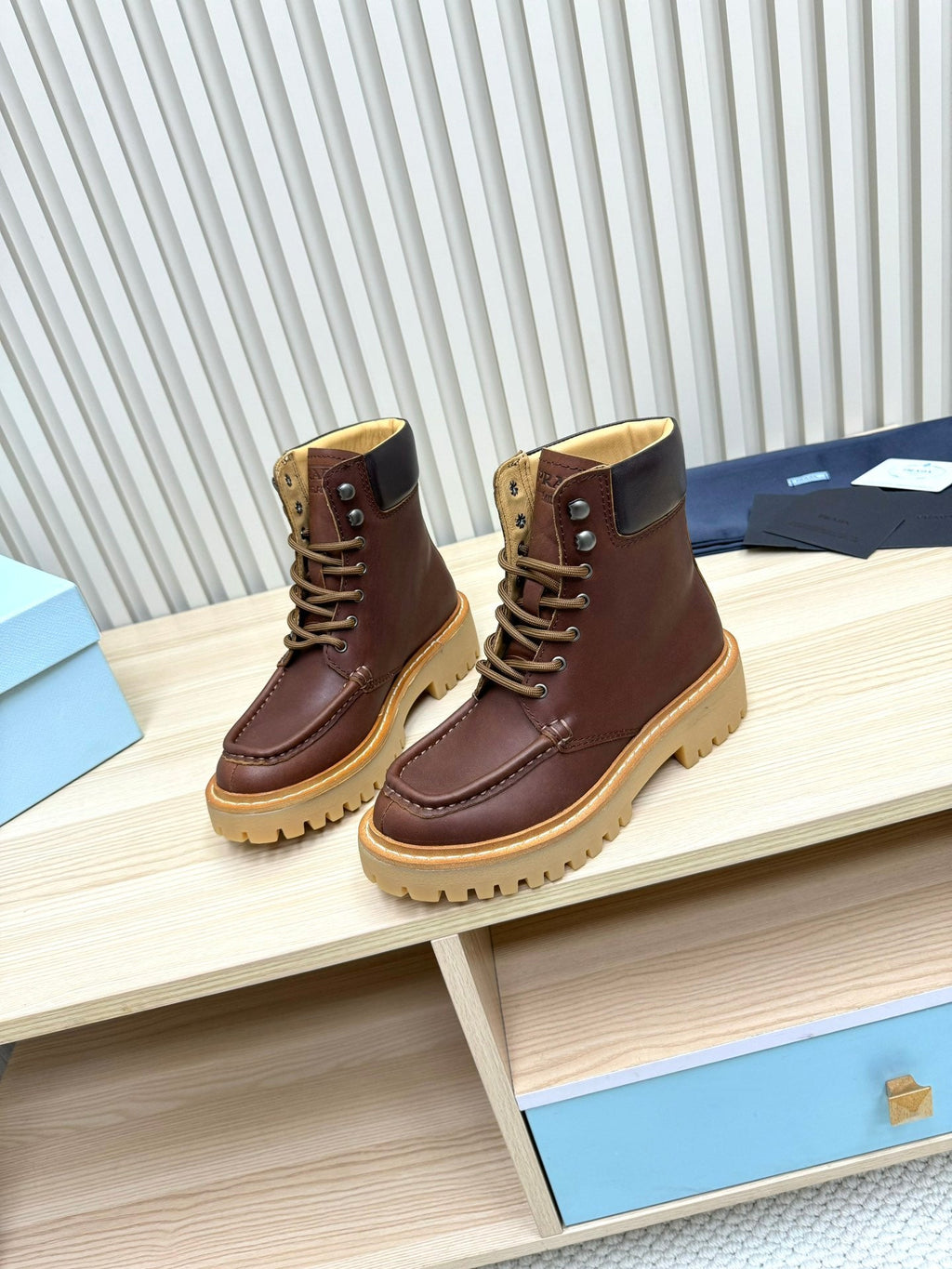 PRADA 25S LACE-UP ANKLE BOOTS IN DARK BROWN CALFSKIN