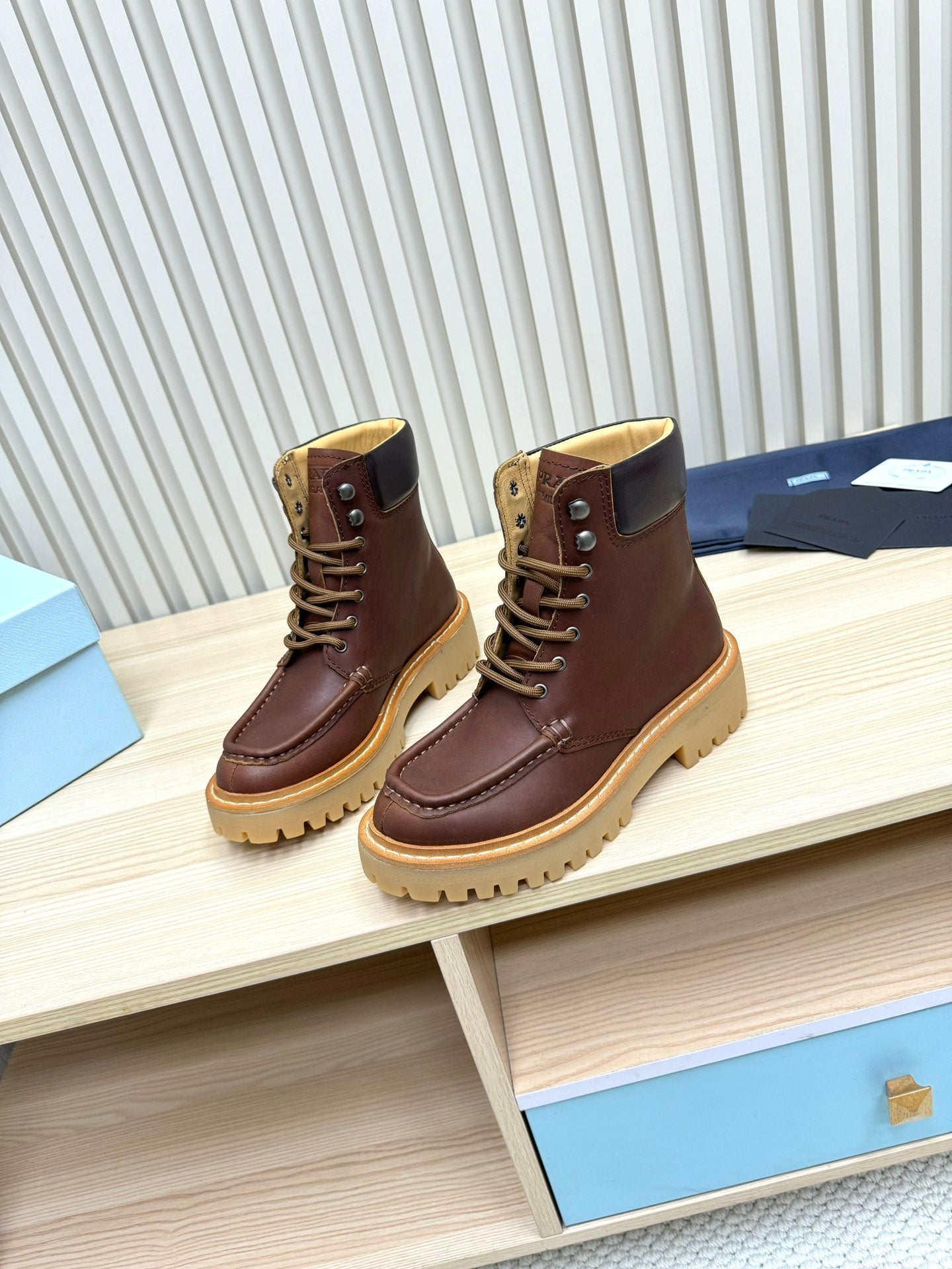 PRADA 25S LACE-UP ANKLE BOOTS IN DARK BROWN CALFSKIN