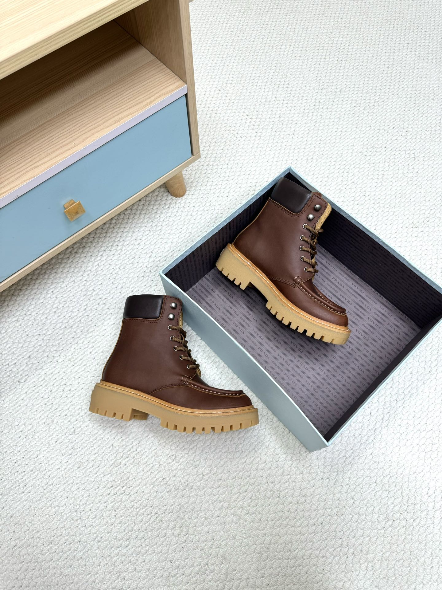 PRADA 25S LACE-UP ANKLE BOOTS IN DARK BROWN CALFSKIN