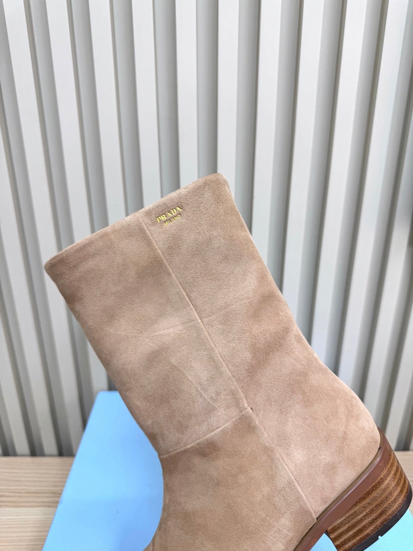 PRADA 25S LOW-CUT BOOTS IN LIGHT CARAMEL BROWN SUEDE