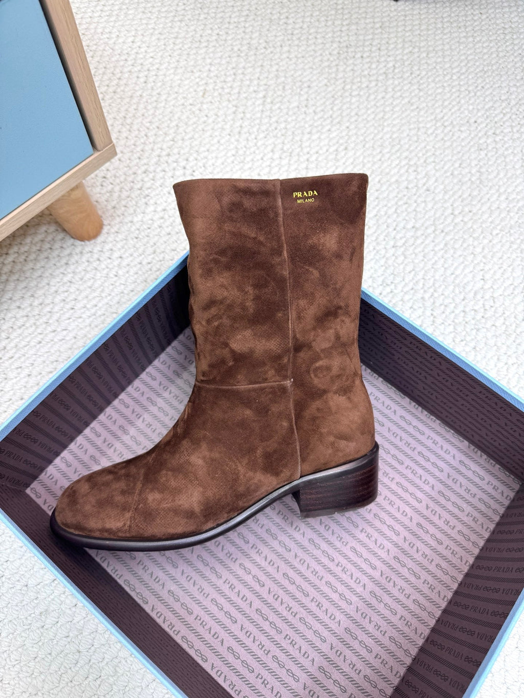 PRADA 25S LOW-CUT BOOTS IN DARK BROWN SUEDE