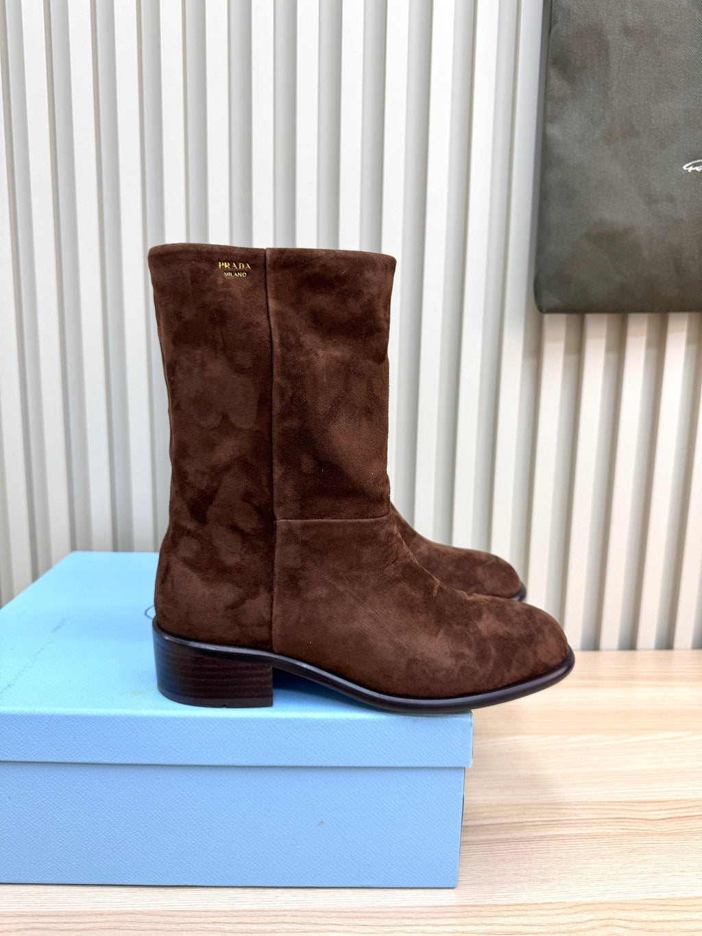 PRADA 25S LOW-CUT BOOTS IN DARK BROWN SUEDE