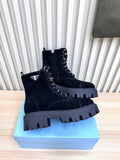 PRADA 25S MONOLITH BOOTS IN BLACK SUEDE