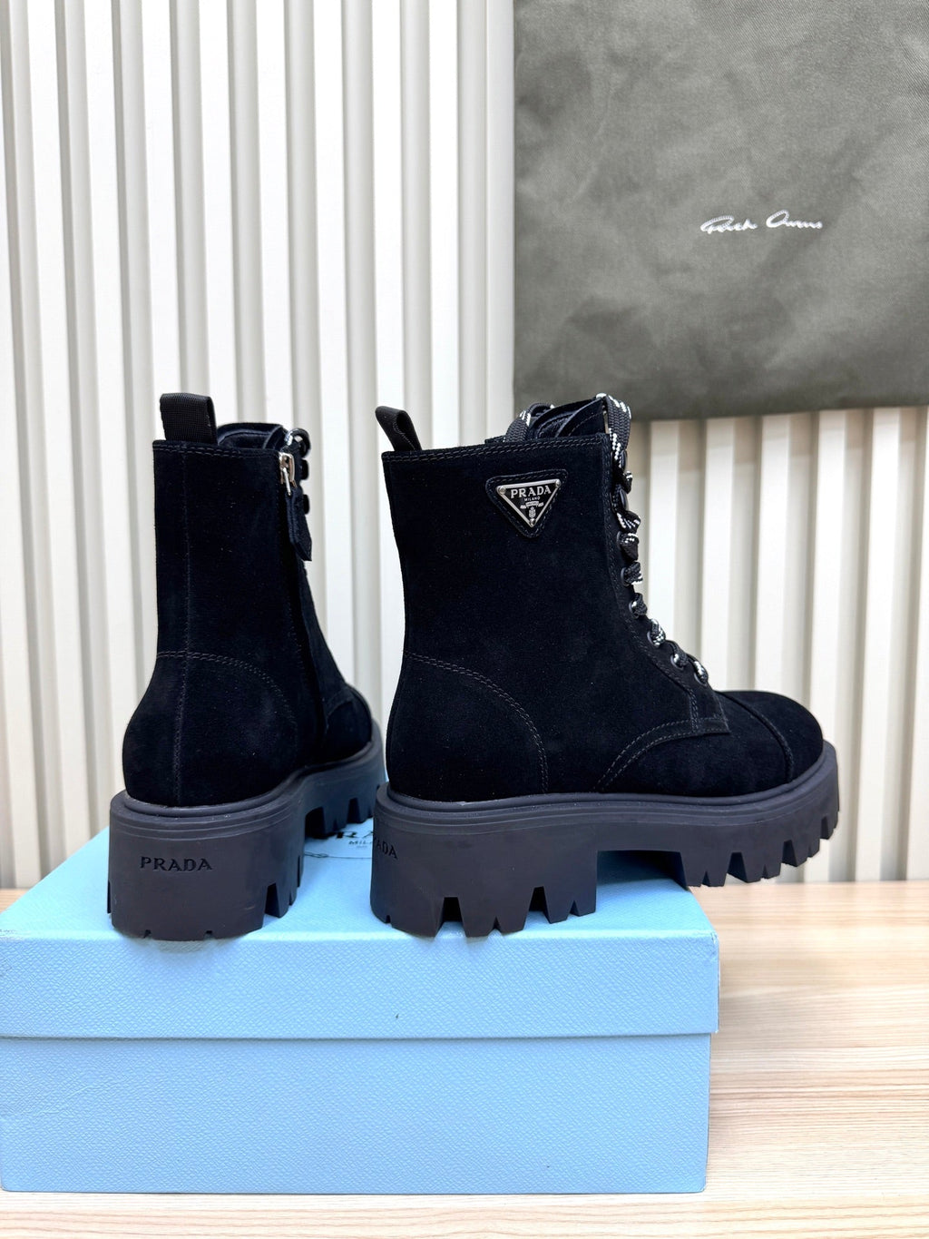 PRADA 25S MONOLITH BOOTS IN BLACK SUEDE
