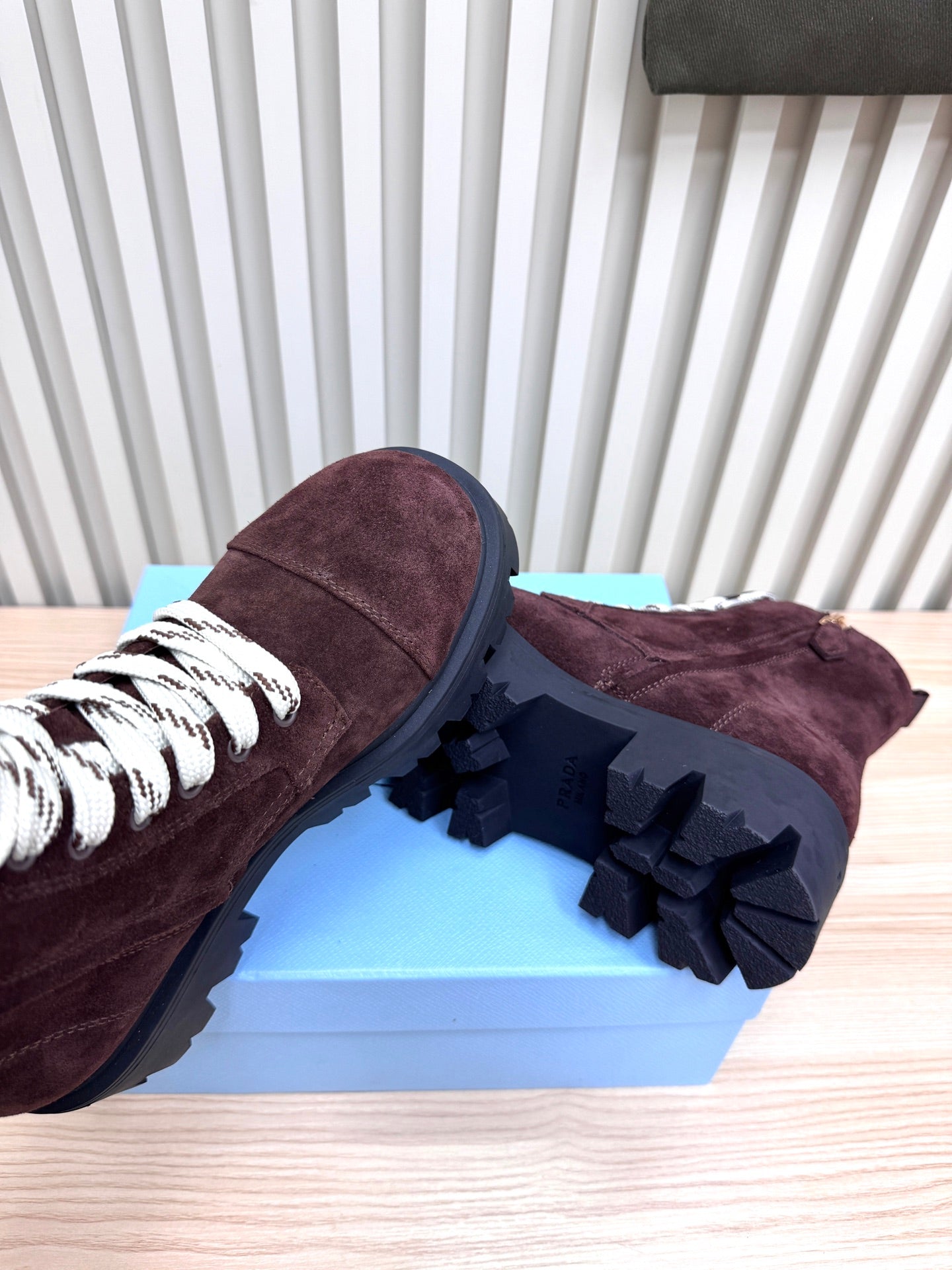 PRADA 25S MONOLITH BOOTS IN DARK PLUM BROWN SUEDE