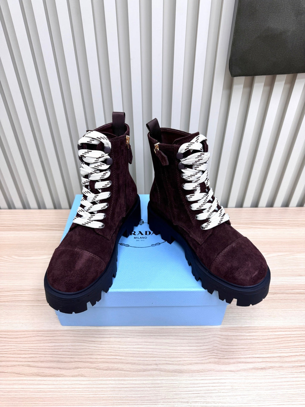 PRADA 25S MONOLITH BOOTS IN DARK PLUM BROWN SUEDE