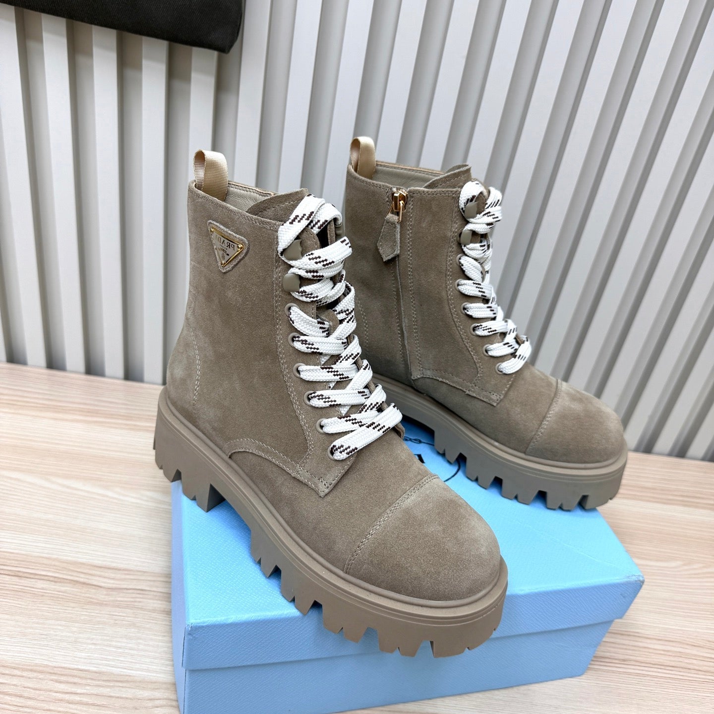 PRADA 25S MONOLITH BOOTS IN MUTED KHAKI BROWN SUEDE