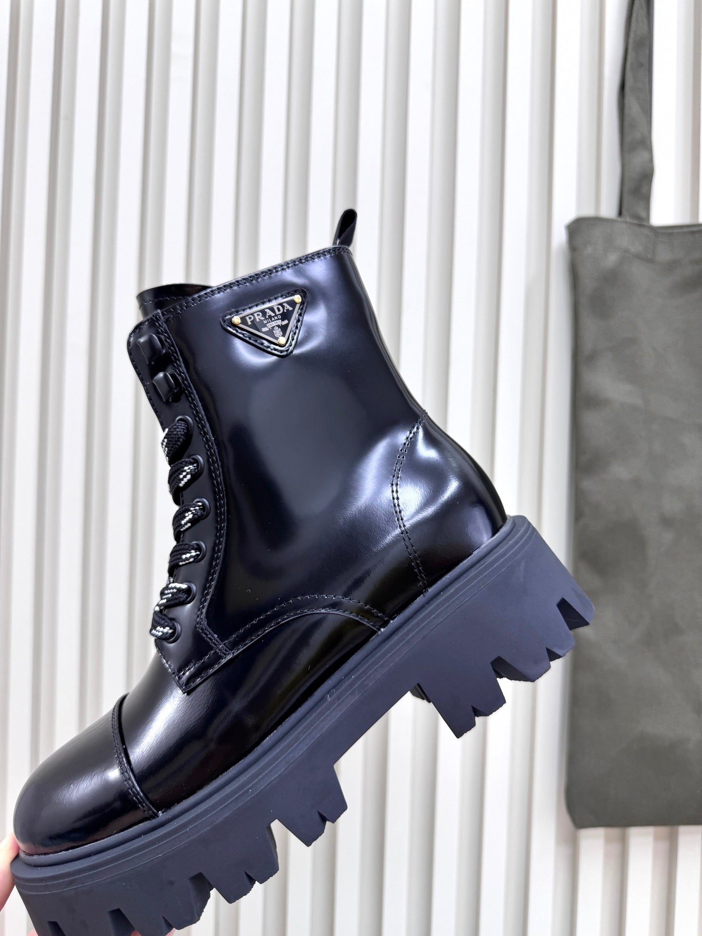PRADA 25S MONOLITH BOOTS IN BLACK GLOSSY CALFSKIN