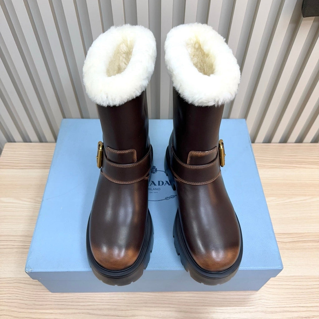 PRADA 25S MARTIN BOOTS IN DARK BROWN CALFSKIN FUR-LINED