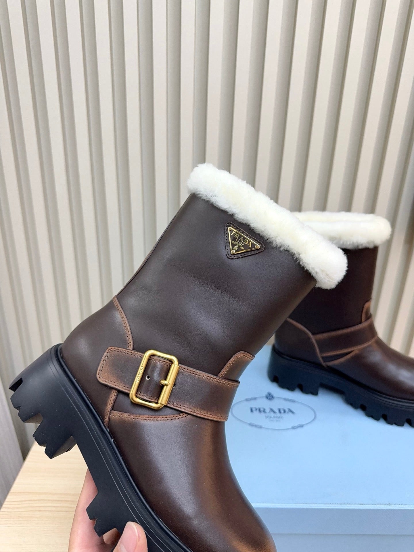 PRADA 25S MARTIN BOOTS IN DARK BROWN CALFSKIN FUR-LINED