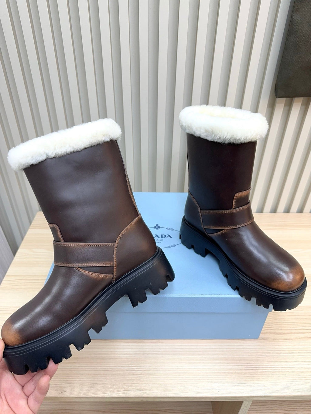 PRADA 25S MARTIN BOOTS IN DARK BROWN CALFSKIN FUR-LINED