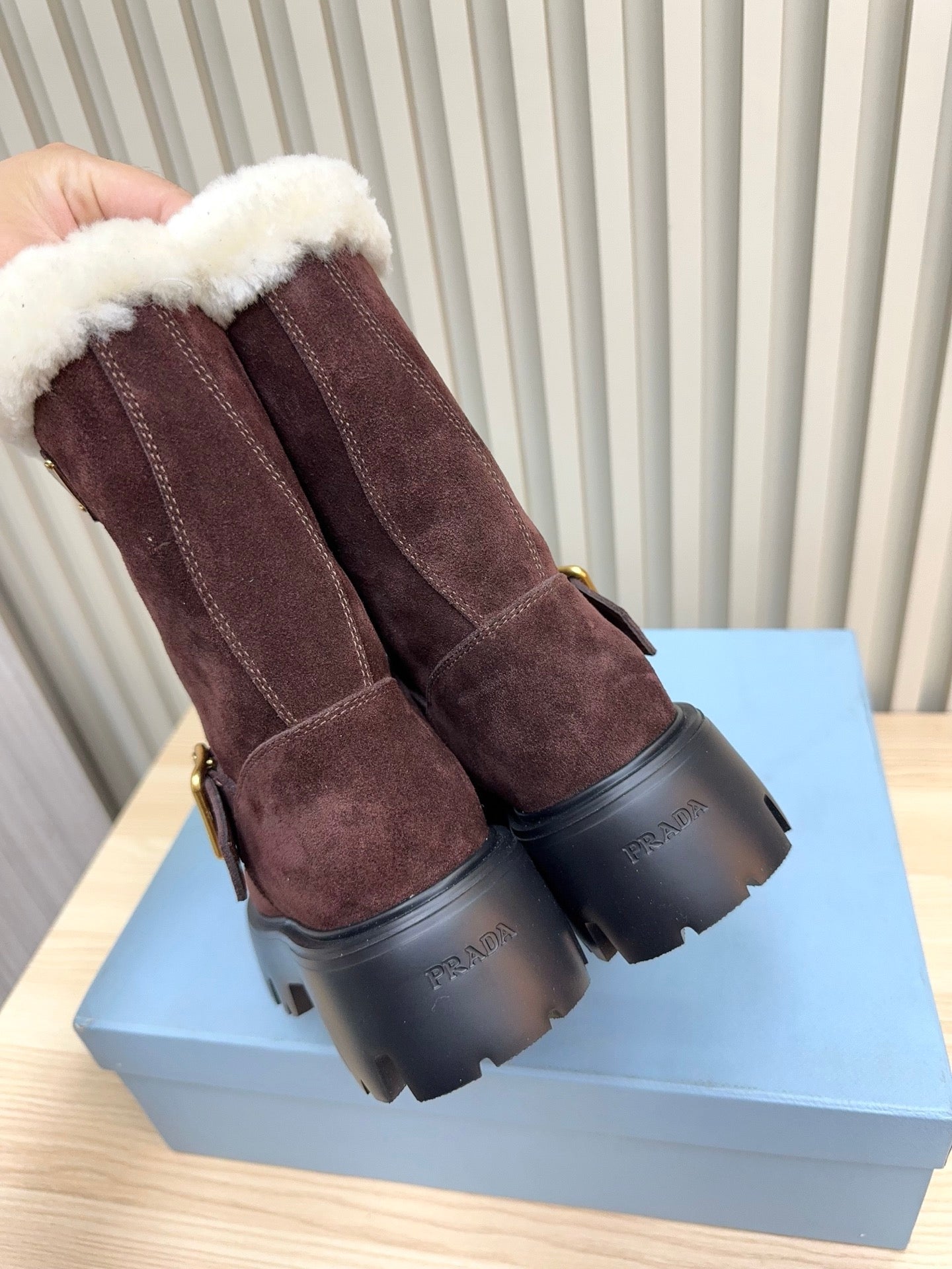 PRADA 25S MARTIN BOOTS IN DARK BURGUNDY BROWN SUEDE FUR-LINED