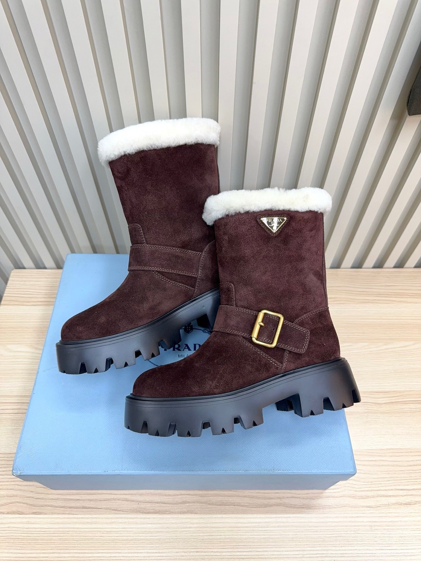 PRADA 25S MARTIN BOOTS IN DARK BURGUNDY BROWN SUEDE FUR-LINED