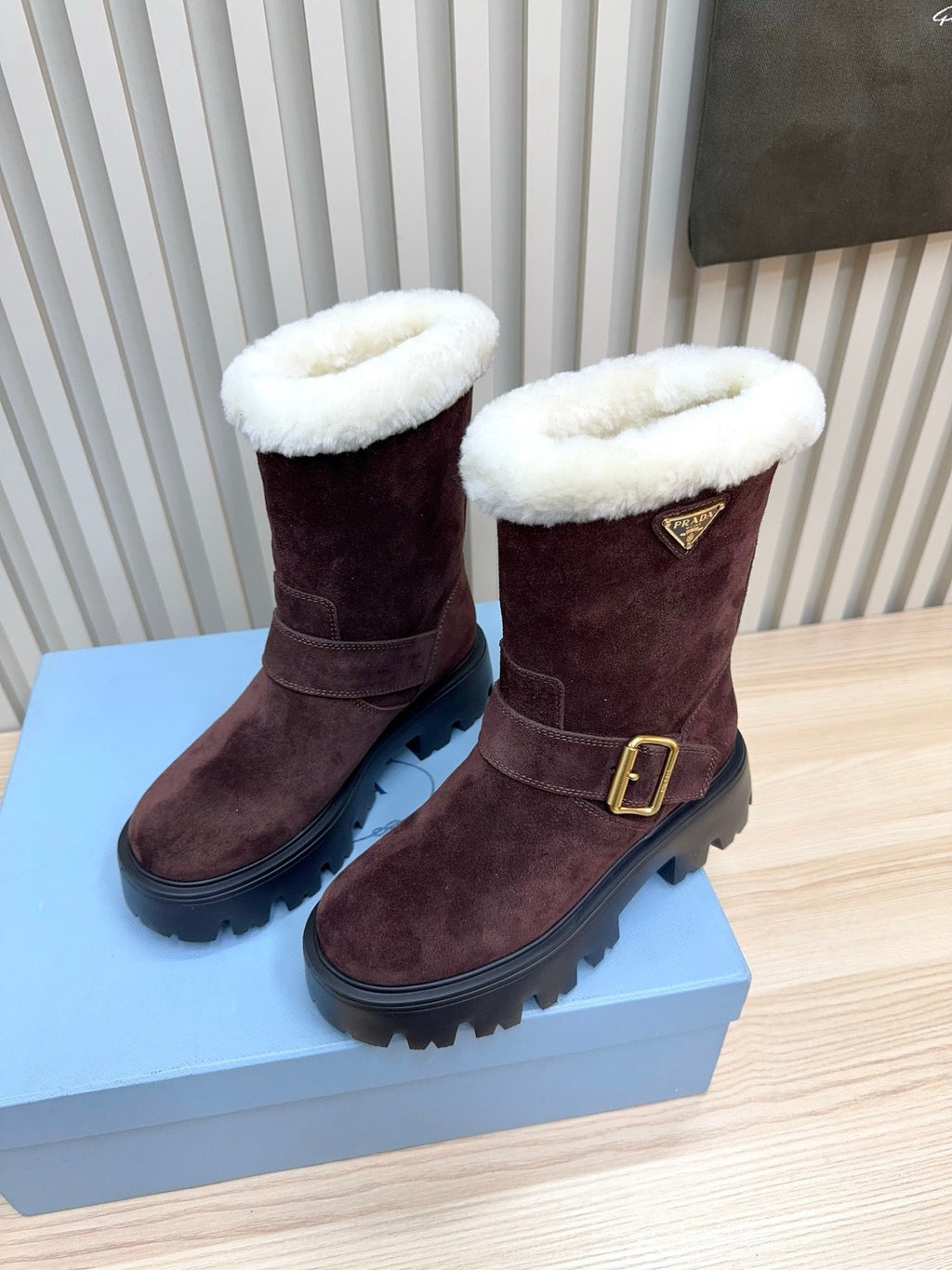 PRADA 25S MARTIN BOOTS IN DARK BURGUNDY BROWN SUEDE FUR-LINED