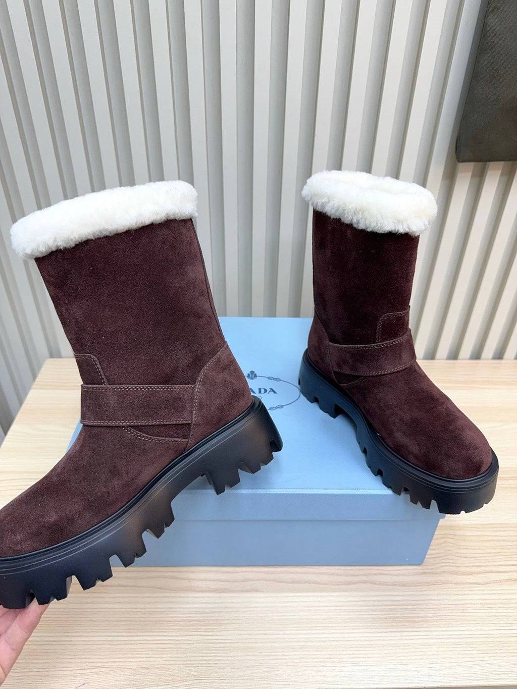 PRADA 25S MARTIN BOOTS IN DARK BURGUNDY BROWN SUEDE FUR-LINED