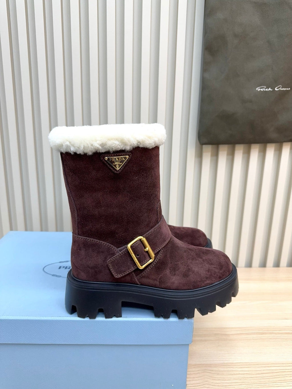 PRADA 25S MARTIN BOOTS IN DARK BURGUNDY BROWN SUEDE FUR-LINED