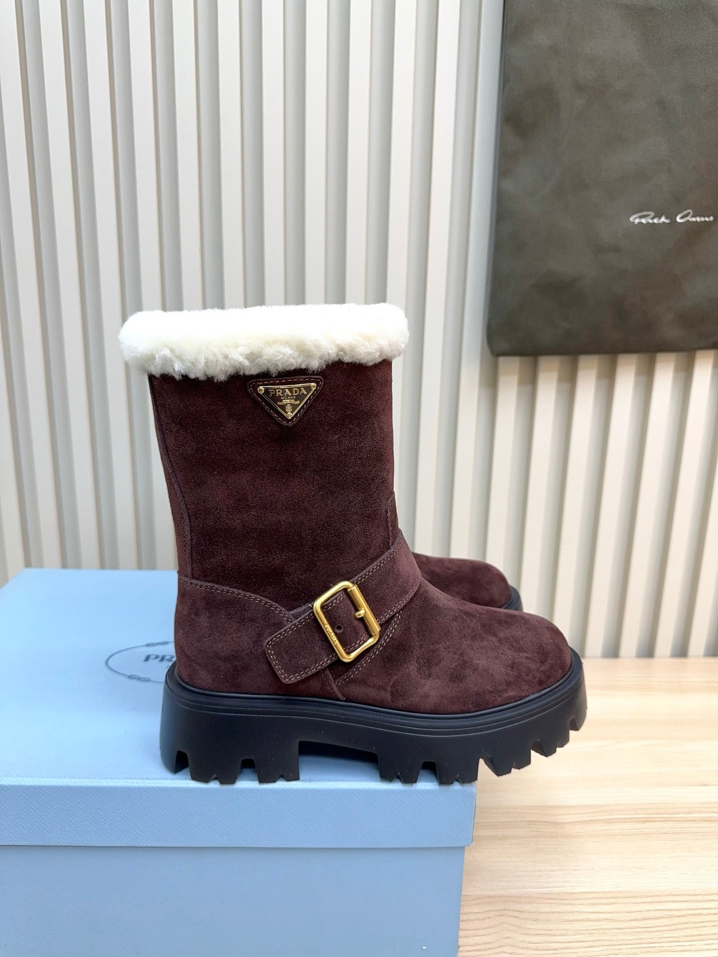 PRADA 25S MARTIN BOOTS IN DARK BURGUNDY BROWN SUEDE FUR-LINED