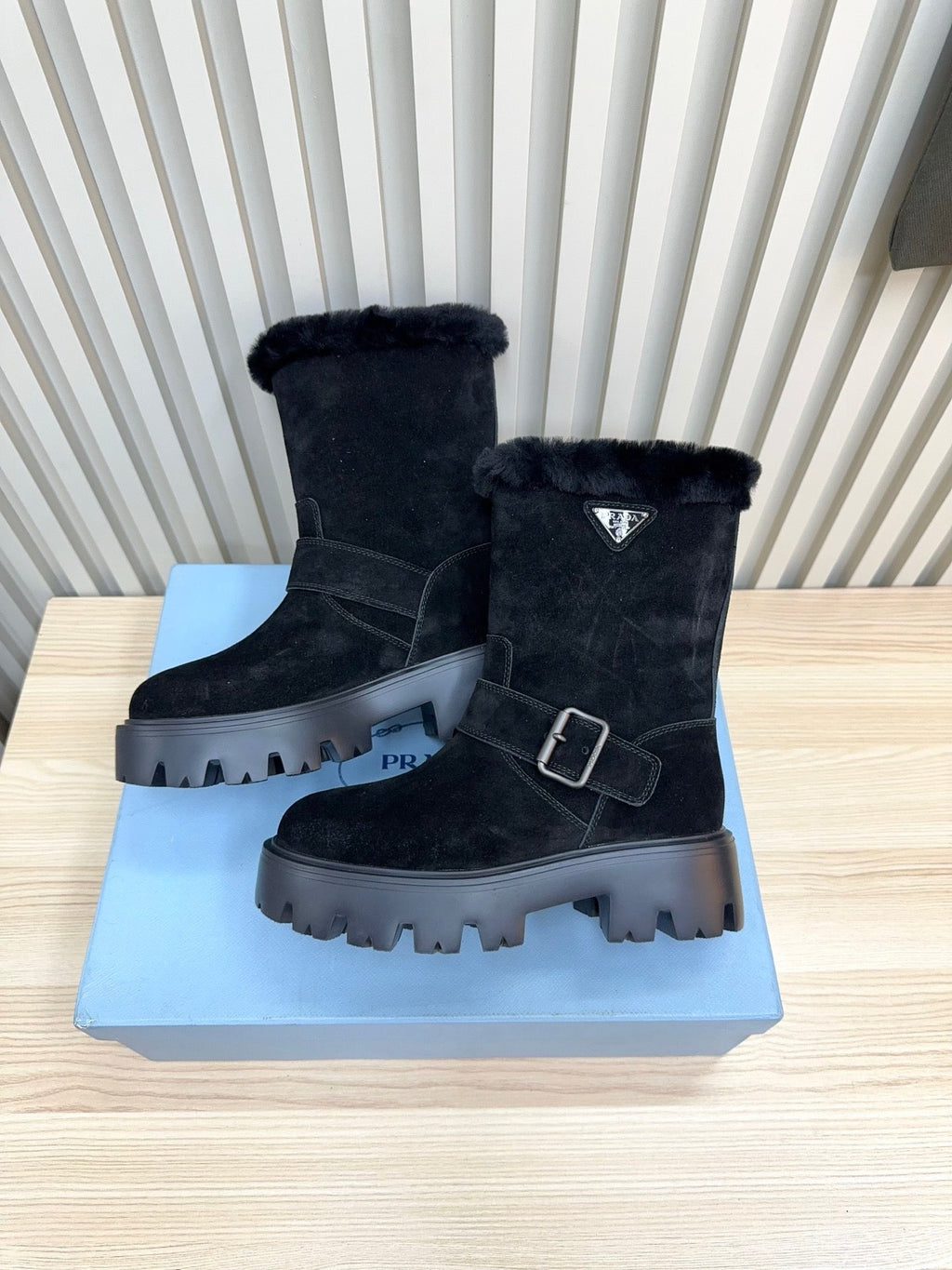 PRADA 25S MARTIN BOOTS IN DARK NAVY BLUE SUEDE FUR-LINED