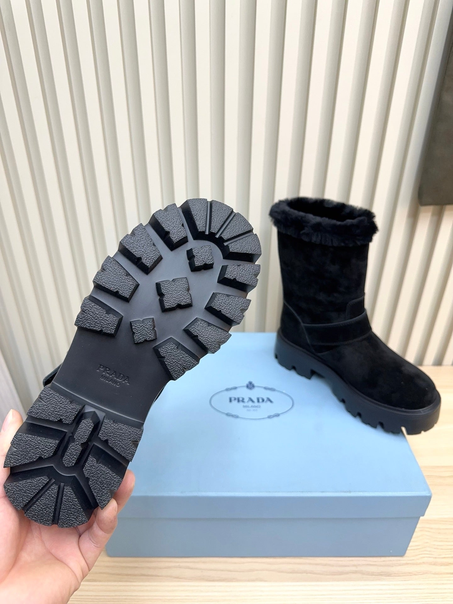 PRADA 25S MARTIN BOOTS IN DARK NAVY BLUE SUEDE FUR-LINED