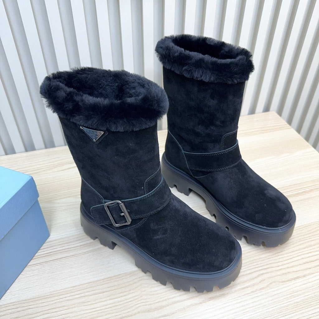 PRADA 25S MARTIN BOOTS IN DARK NAVY BLUE SUEDE FUR-LINED