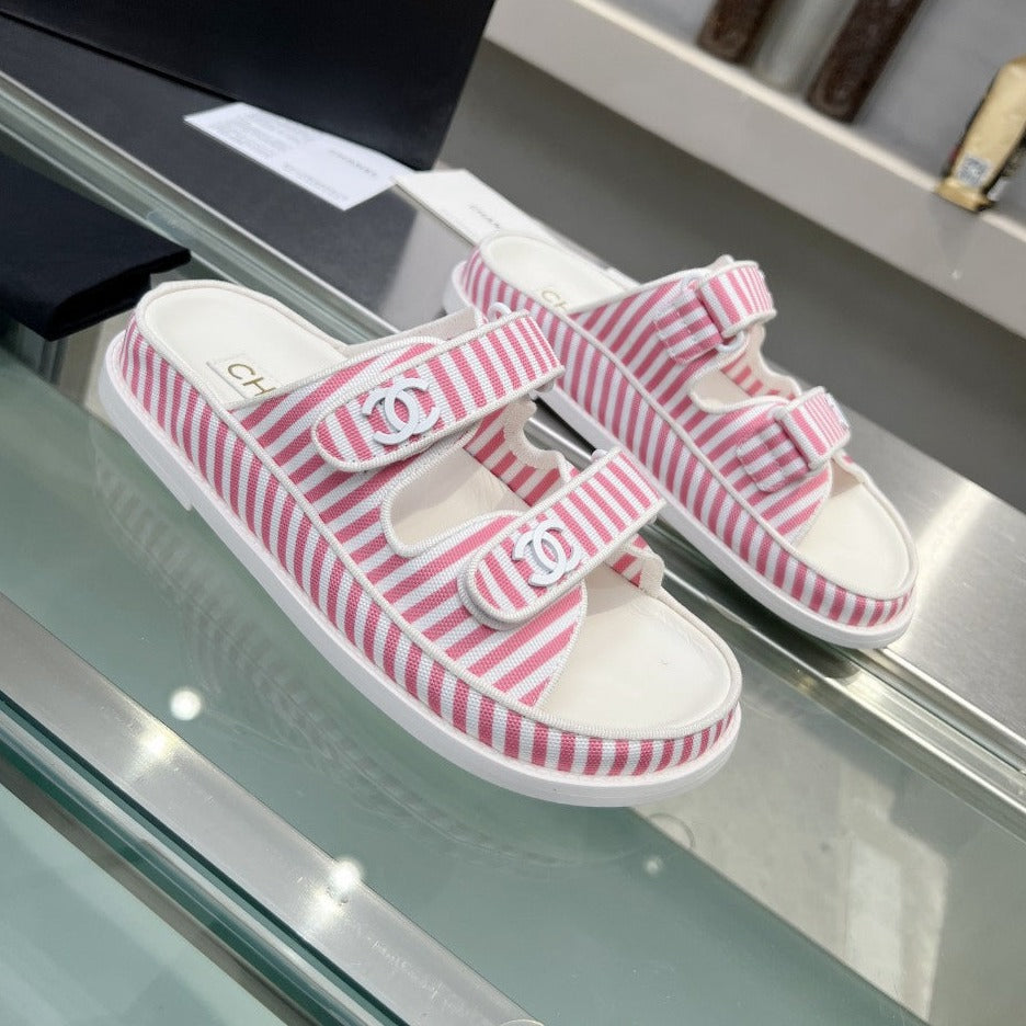 Stripes Casual  Flat Sandals Light Pink White