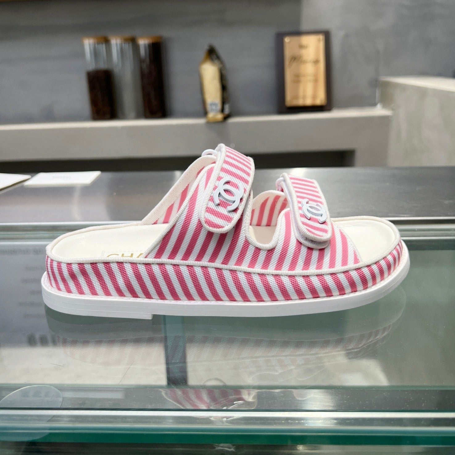 Stripes Casual  Flat Sandals Light Pink White